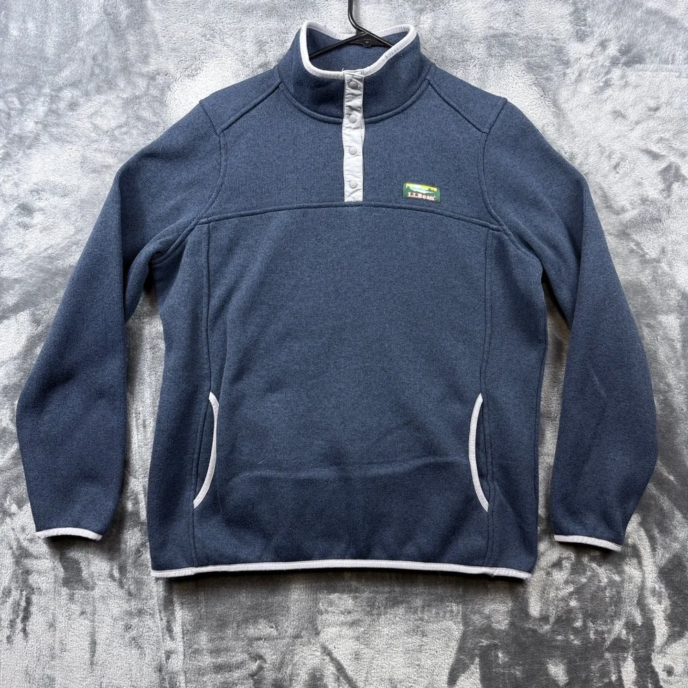 LL Bean Sweater Fleece Pullover Womens Large Blue Snap Neck Heritage Logo Mock